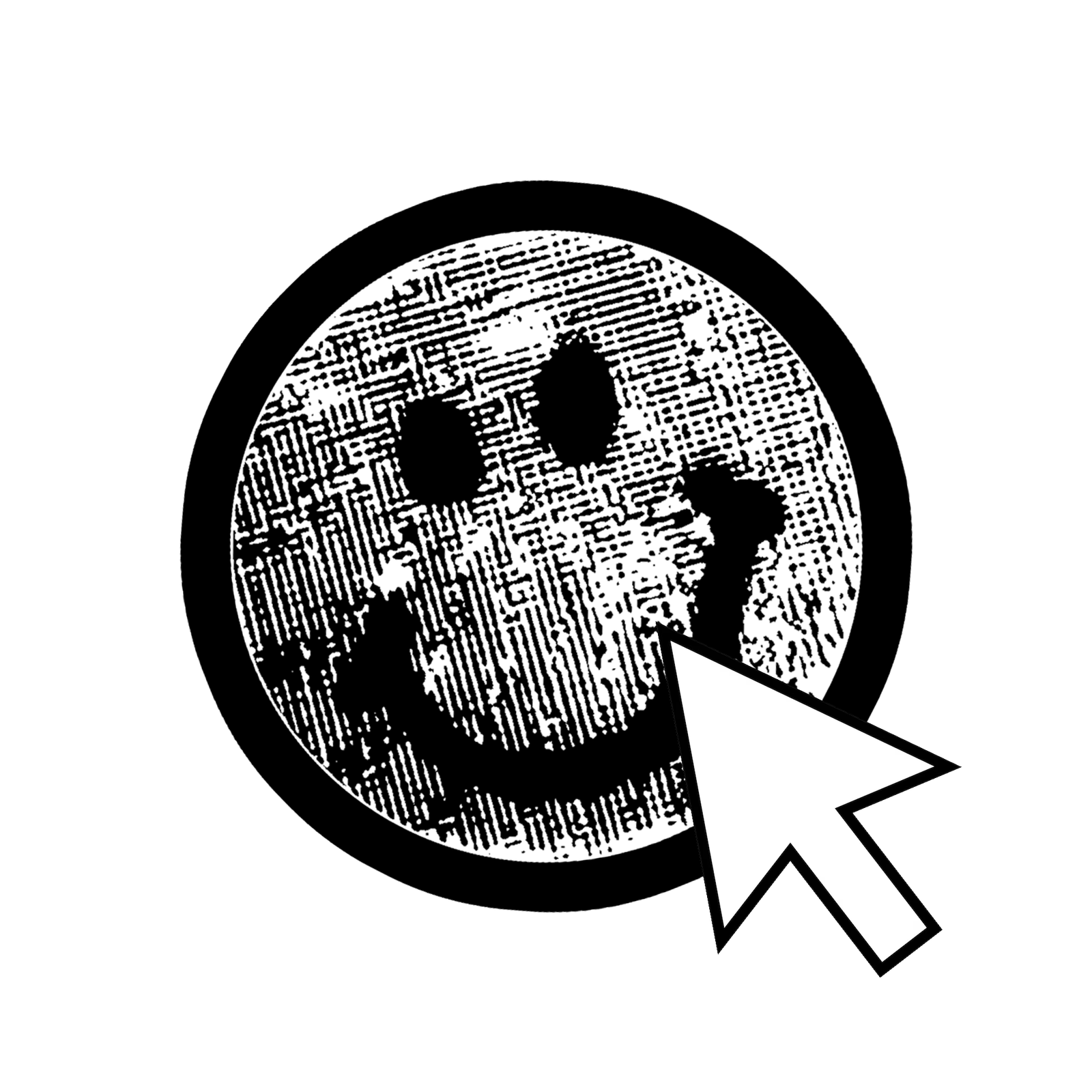 Grungy smiley face sticker white on black, with a cursor over it. This leads to a page talking about website creation for Area Code 512