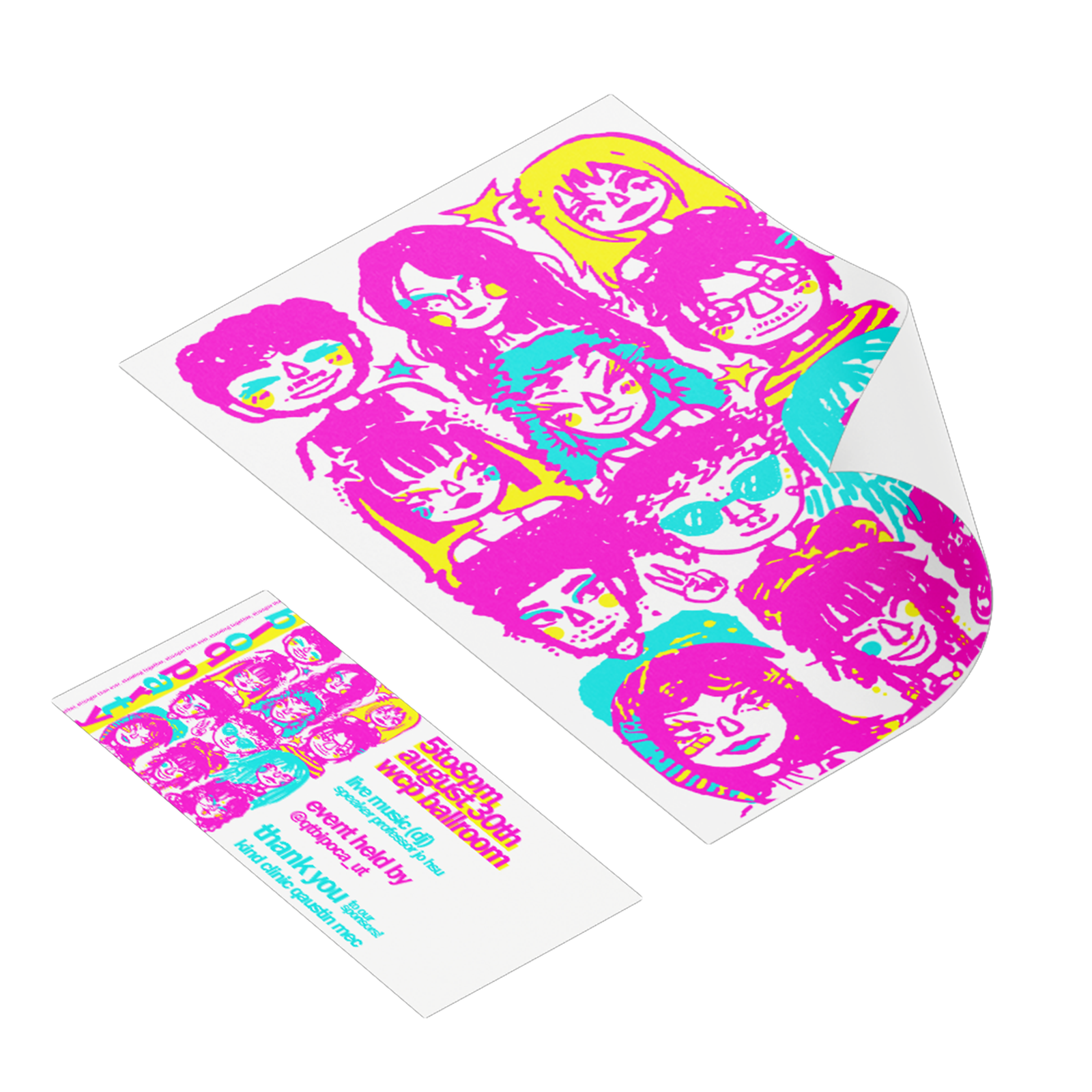 Poster display with many diverse faces rendered in a lineart style, with different portions of the characters blocked out in Cyan, Magenta, Yellow and Key (or Black) tones